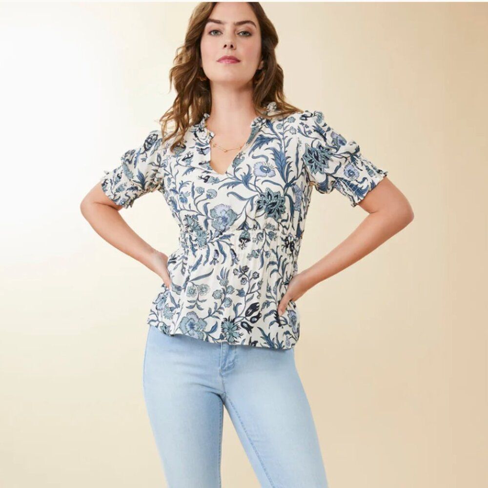 Spartina 449 Isadora Blouse Hamilton Floral Block Cream Blue XL